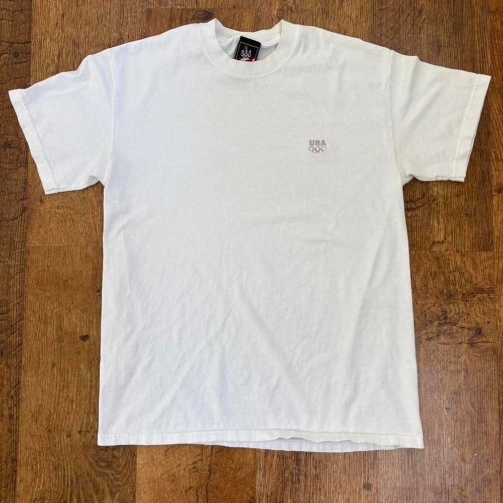 Vintage USA Olympic T-Shirt White Embroidered‎ Rings Logo Cotton Mens Medium